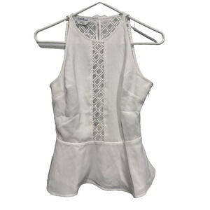 Bebe Womens White Peplum Top Size 0 Sheer Embroidered Panel Sleeveless Feminine